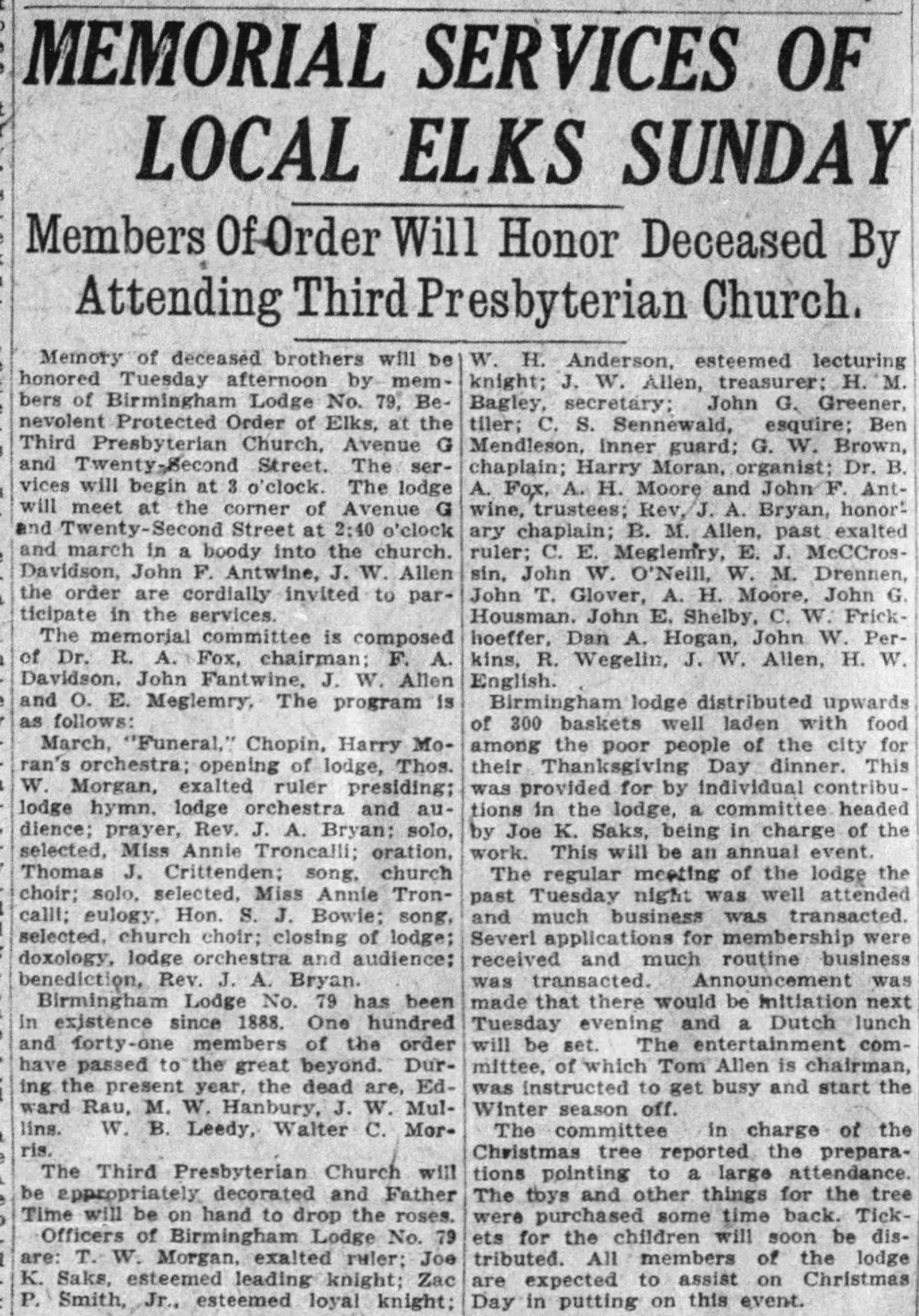 Memorial Service of Local Elks Sunday